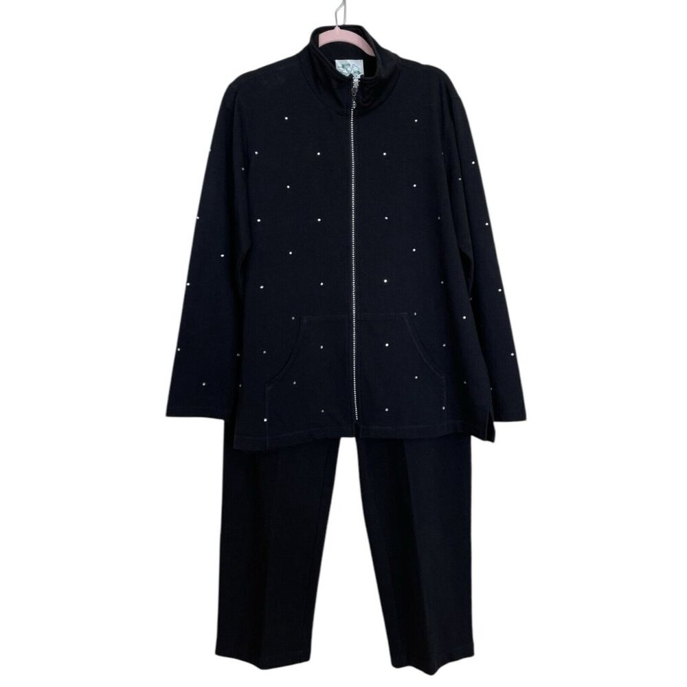 Quacker Factory Jacket Pants Set Womens Size Large Black Sequins Stretch Pockets